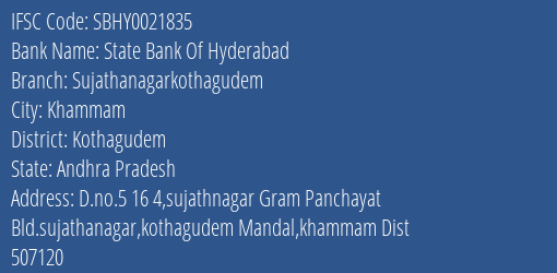 State Bank Of Hyderabad Sujathanagarkothagudem Branch IFSC Code