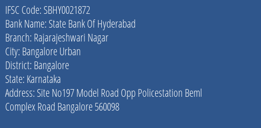 State Bank Of Hyderabad Rajarajeshwari Nagar Branch Bangalore IFSC Code SBHY0021872