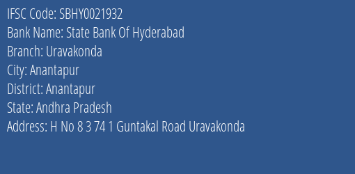 State Bank Of Hyderabad Uravakonda Branch Anantapur IFSC Code SBHY0021932