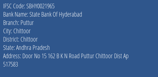 State Bank Of Hyderabad Puttur Branch, Branch Code 021965 & IFSC Code SBHY0021965