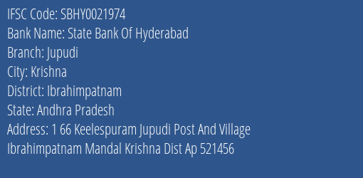 State Bank Of Hyderabad Jupudi Branch Ibrahimpatnam IFSC Code SBHY0021974