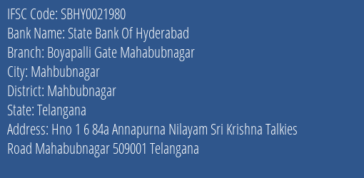State Bank Of Hyderabad Boyapalli Gate Mahabubnagar Branch, Branch Code 021980 & IFSC Code SBHY0021980