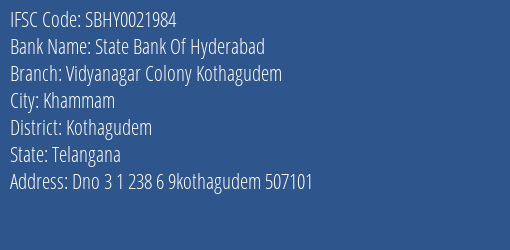 State Bank Of Hyderabad Vidyanagar Colony Kothagudem Branch IFSC Code