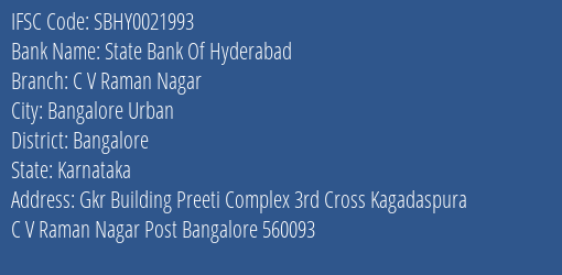 State Bank Of Hyderabad C V Raman Nagar Branch Bangalore IFSC Code SBHY0021993
