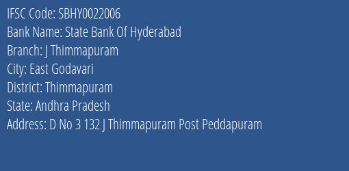 State Bank Of Hyderabad J Thimmapuram Branch Thimmapuram IFSC Code SBHY0022006