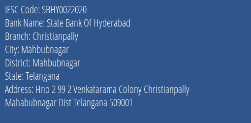 State Bank Of Hyderabad Christianpally Branch, Branch Code 022020 & IFSC Code SBHY0022020