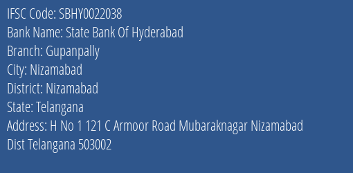 State Bank Of Hyderabad Gupanpally Branch, Branch Code 022038 & IFSC Code SBHY0022038