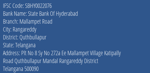 State Bank Of Hyderabad Mallampet Road Branch IFSC Code