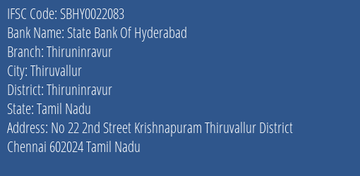 State Bank Of Hyderabad Thiruninravur Branch Thiruninravur IFSC Code SBHY0022083