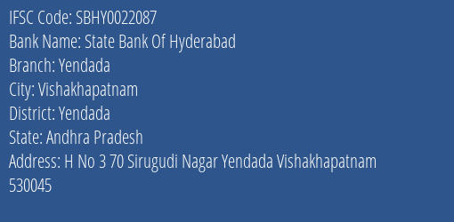 State Bank Of Hyderabad Yendada Branch, Branch Code 022087 & IFSC Code SBHY0022087