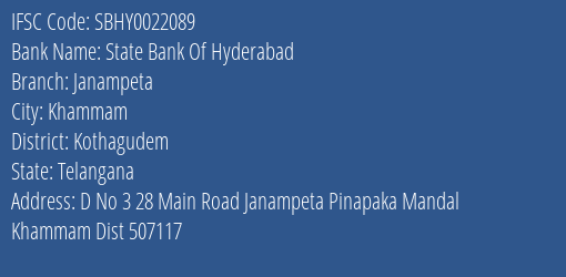 State Bank Of Hyderabad Janampeta Branch, Branch Code 022089 & IFSC Code SBHY0022089