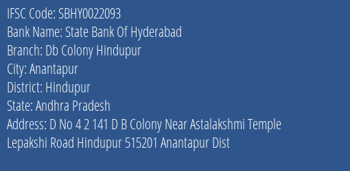 State Bank Of Hyderabad Db Colony Hindupur Branch, Branch Code 022093 & IFSC Code SBHY0022093