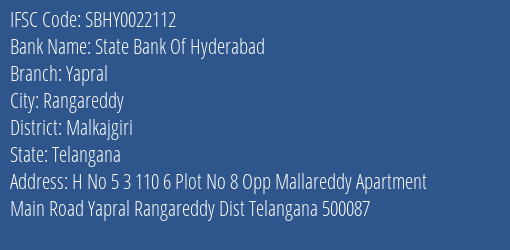 State Bank Of Hyderabad Yapral Branch, Branch Code 022112 & IFSC Code SBHY0022112