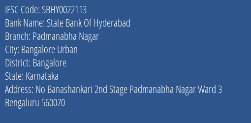 State Bank Of Hyderabad Padmanabha Nagar Branch Bangalore IFSC Code SBHY0022113