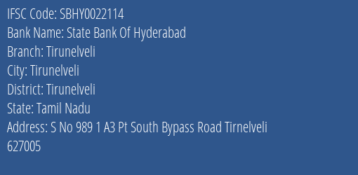 State Bank Of Hyderabad Tirunelveli Branch, Branch Code 022114 & IFSC Code SBHY0022114