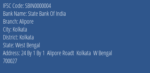 State Bank Of India Alipore Branch IFSC Code
