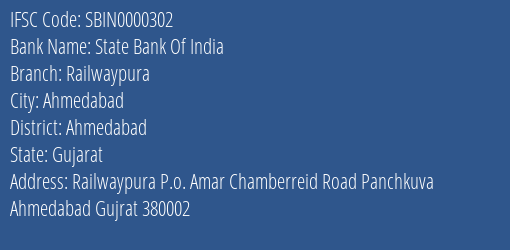 State Bank Of India Railwaypura Branch, Branch Code 000302 & IFSC Code SBIN0000302