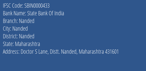 State Bank Of India Nanded Branch, Branch Code 000433 & IFSC Code SBIN0000433