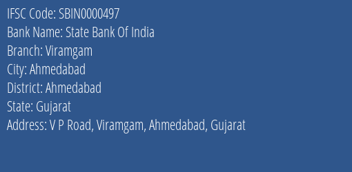 State Bank Of India Viramgam Branch, Branch Code 000497 & IFSC Code SBIN0000497