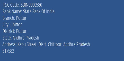 State Bank Of India Puttur Branch Puttur IFSC Code SBIN0000580