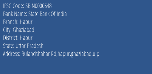 State Bank Of India Hapur Branch, Branch Code 000648 & IFSC Code SBIN0000648