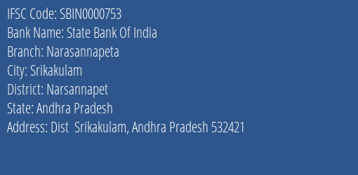 State Bank Of India Narasannapeta Branch Narsannapet IFSC Code SBIN0000753