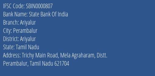 State Bank Of India Ariyalur Branch, Branch Code 000807 & IFSC Code Sbin0000807