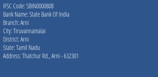 State Bank Of India Arni Branch Arni IFSC Code SBIN0000808