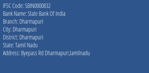 State Bank Of India Dharmapuri Branch, Branch Code 000832 & IFSC Code Sbin0000832