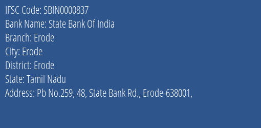 State Bank Of India Erode Branch Erode IFSC Code SBIN0000837
