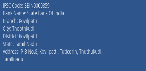State Bank Of India Kovilpatti Branch, Branch Code 000859 & IFSC Code Sbin0000859
