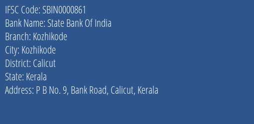 State Bank Of India Kozhikode Branch IFSC Code