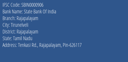 State Bank Of India Rajapalayam Branch Rajapalayam IFSC Code SBIN0000906