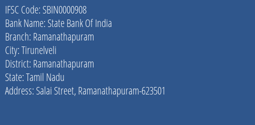 State Bank Of India Ramanathapuram Branch, Branch Code 000908 & IFSC Code SBIN0000908