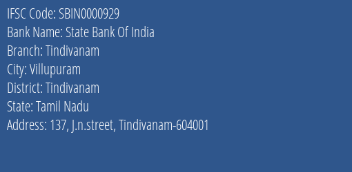 State Bank Of India Tindivanam Branch Tindivanam IFSC Code SBIN0000929