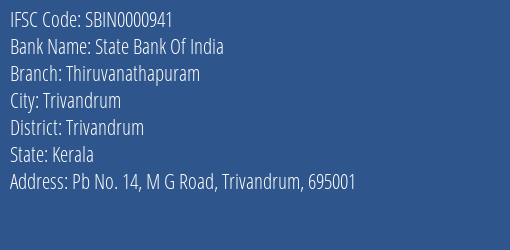 State Bank Of India Thiruvanathapuram Branch, Branch Code 000941 & IFSC Code SBIN0000941