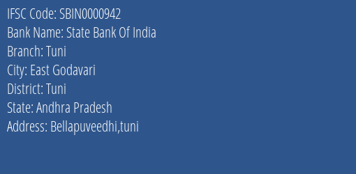 State Bank Of India Tuni Branch Tuni IFSC Code SBIN0000942