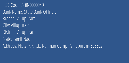 State Bank Of India Villupuram Branch, Branch Code 000949 & IFSC Code Sbin0000949