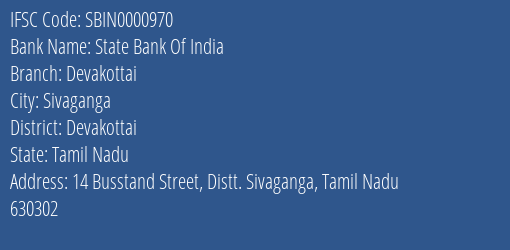 State Bank Of India Devakottai Branch Devakottai IFSC Code SBIN0000970