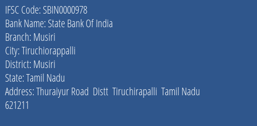 State Bank Of India Musiri Branch Musiri IFSC Code SBIN0000978