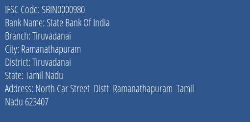 State Bank Of India Tiruvadanai Branch, Branch Code 000980 & IFSC Code Sbin0000980