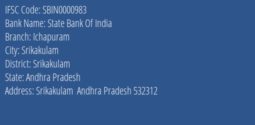 State Bank Of India Ichapuram Branch, Branch Code 000983 & IFSC Code SBIN0000983