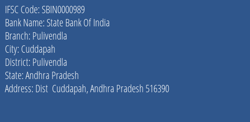State Bank Of India Pulivendla Branch Pulivendla IFSC Code SBIN0000989