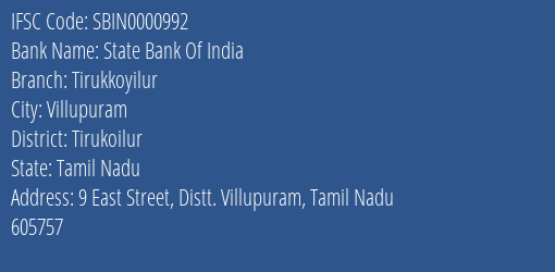 State Bank Of India Tirukkoyilur Branch Tirukoilur IFSC Code SBIN0000992