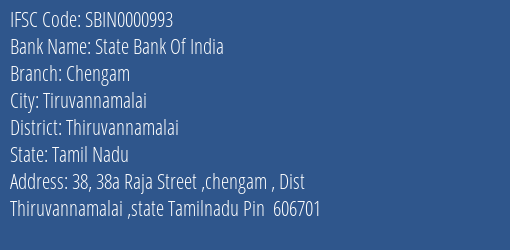 State Bank Of India Chengam Branch Thiruvannamalai IFSC Code SBIN0000993