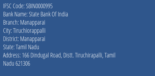 State Bank Of India Manapparai Branch Manapparai IFSC Code SBIN0000995