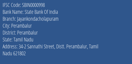 State Bank Of India Jayankondacholapuram Branch Perambalur IFSC Code SBIN0000998