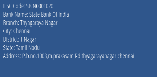 State Bank Of India Thyagaraya Nagar Branch T Nagar IFSC Code SBIN0001020