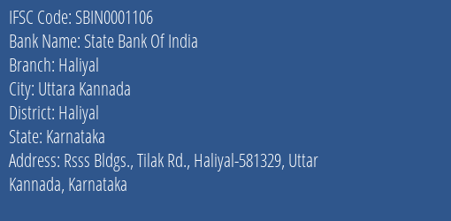 State Bank Of India Haliyal Branch, Branch Code 001106 & IFSC Code Sbin0001106