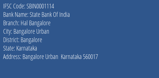 State Bank Of India Hal Bangalore Branch, Branch Code 001114 & IFSC Code SBIN0001114